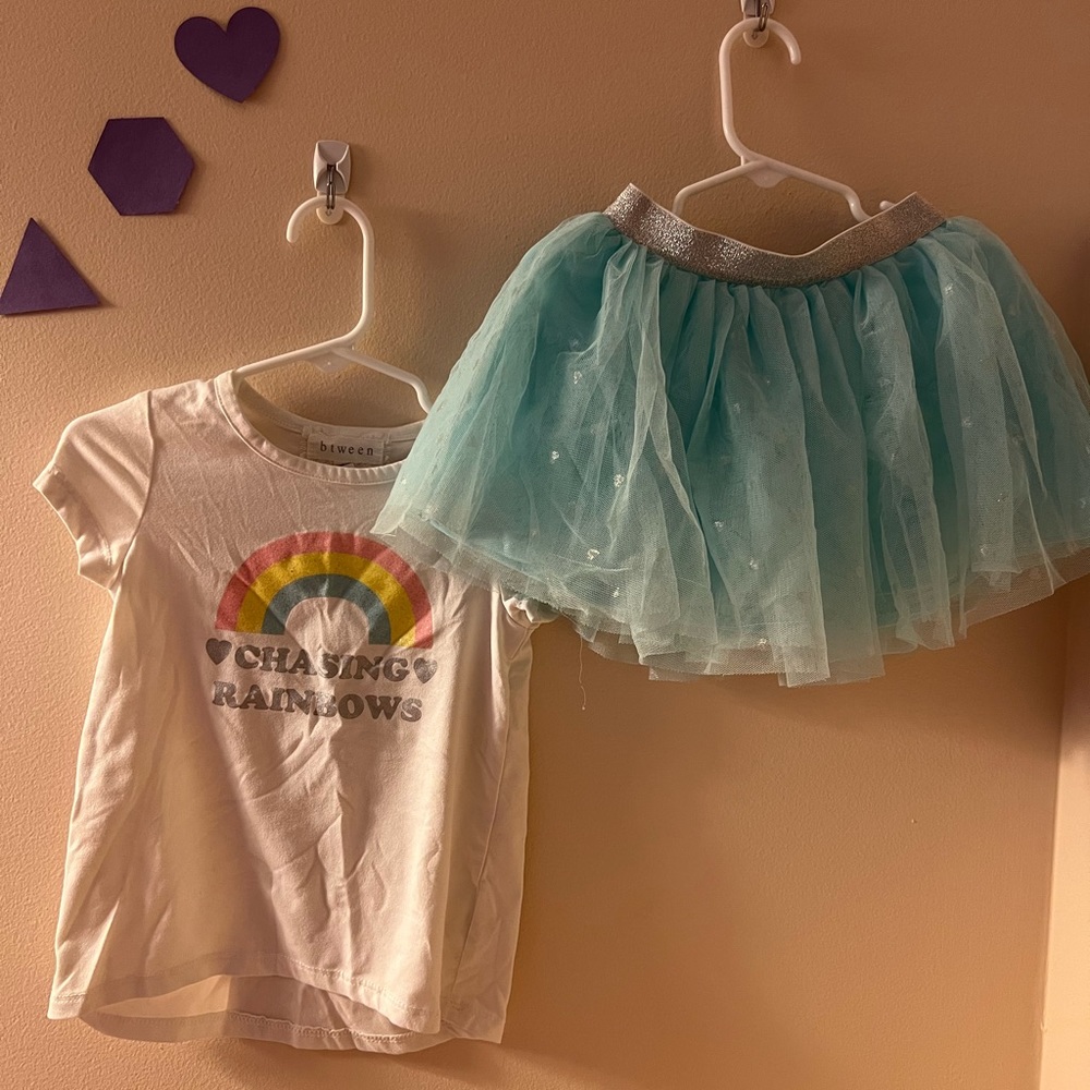 Girls white T-Shirt with rainbow and blue tutu skirt 3T